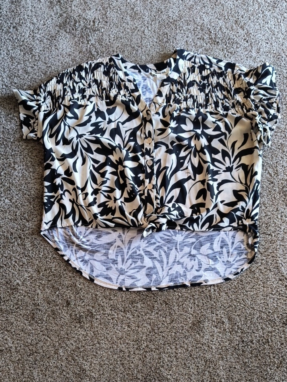 Ruby Rd. Black & White Floral Knot-Front Blouse